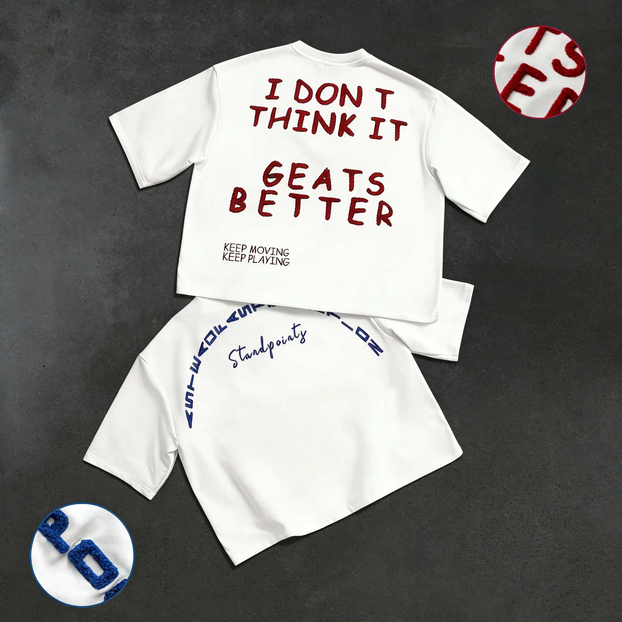 Unisex two-piece set, cropped Y2K street style. Short-sleeve loose oversized top featuring a curved back and towel embroidery with lettering. Perfect for summer fashion styling and trendy parties; an ideal gift for a boyfriend or husband.
