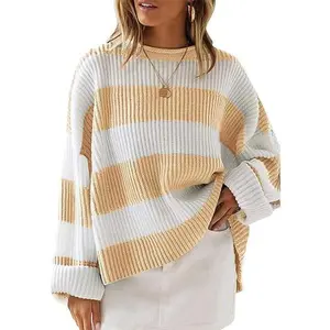 ZESICA Oversized Striped Sweater 2025 – Cozy Color Block Crewneck Knit Pullover, Casual Fall Fashion Must-Have