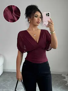 V Neck Waist Cinched Top, Sexy Batwing Sleeve Ruched Slimming Blouse, Stylish Women's Casual Wear