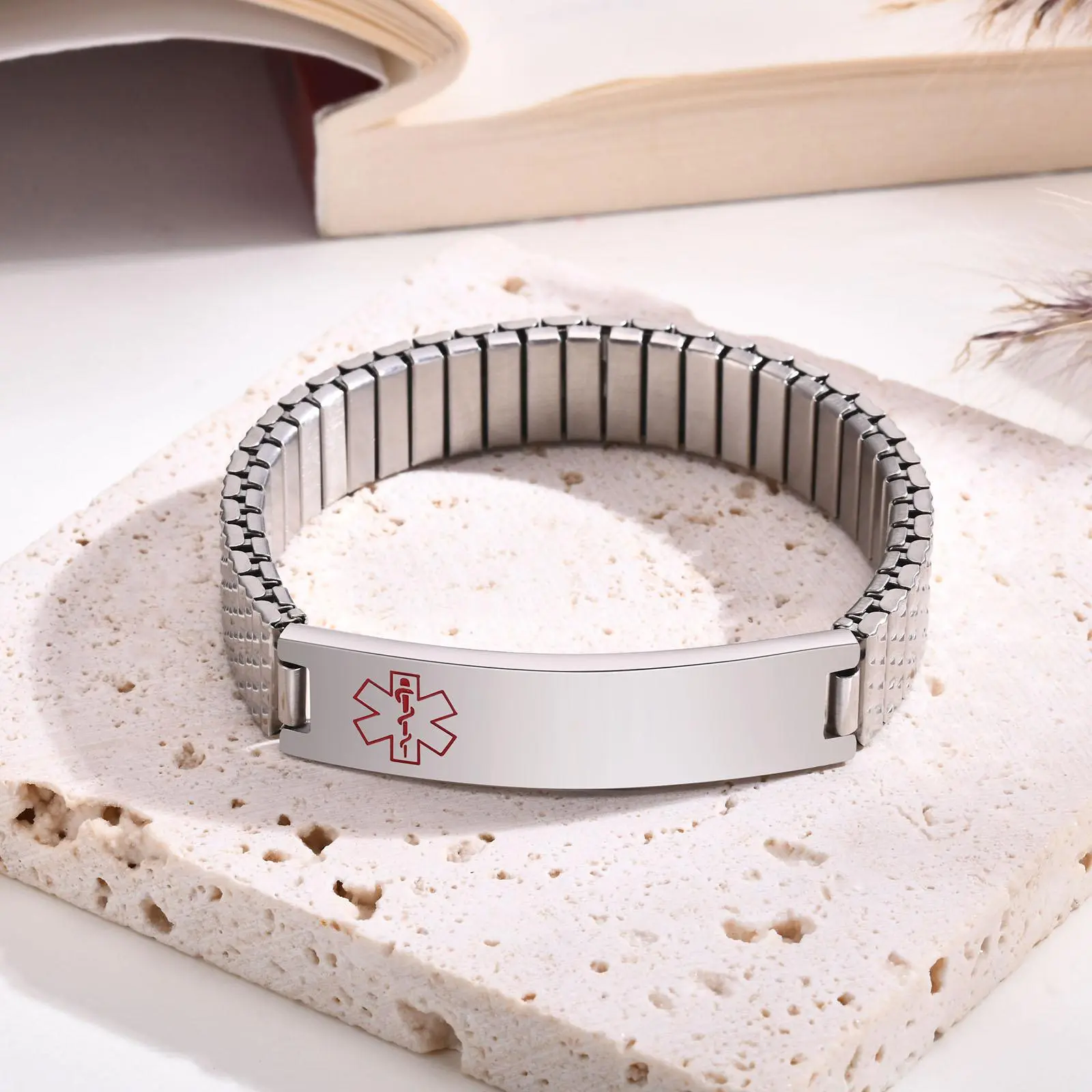 Vnox Stainless Steel Medical Alert Stretch Adjustable Wristband ID Bracelet Bangle for Women Custom Engraving
