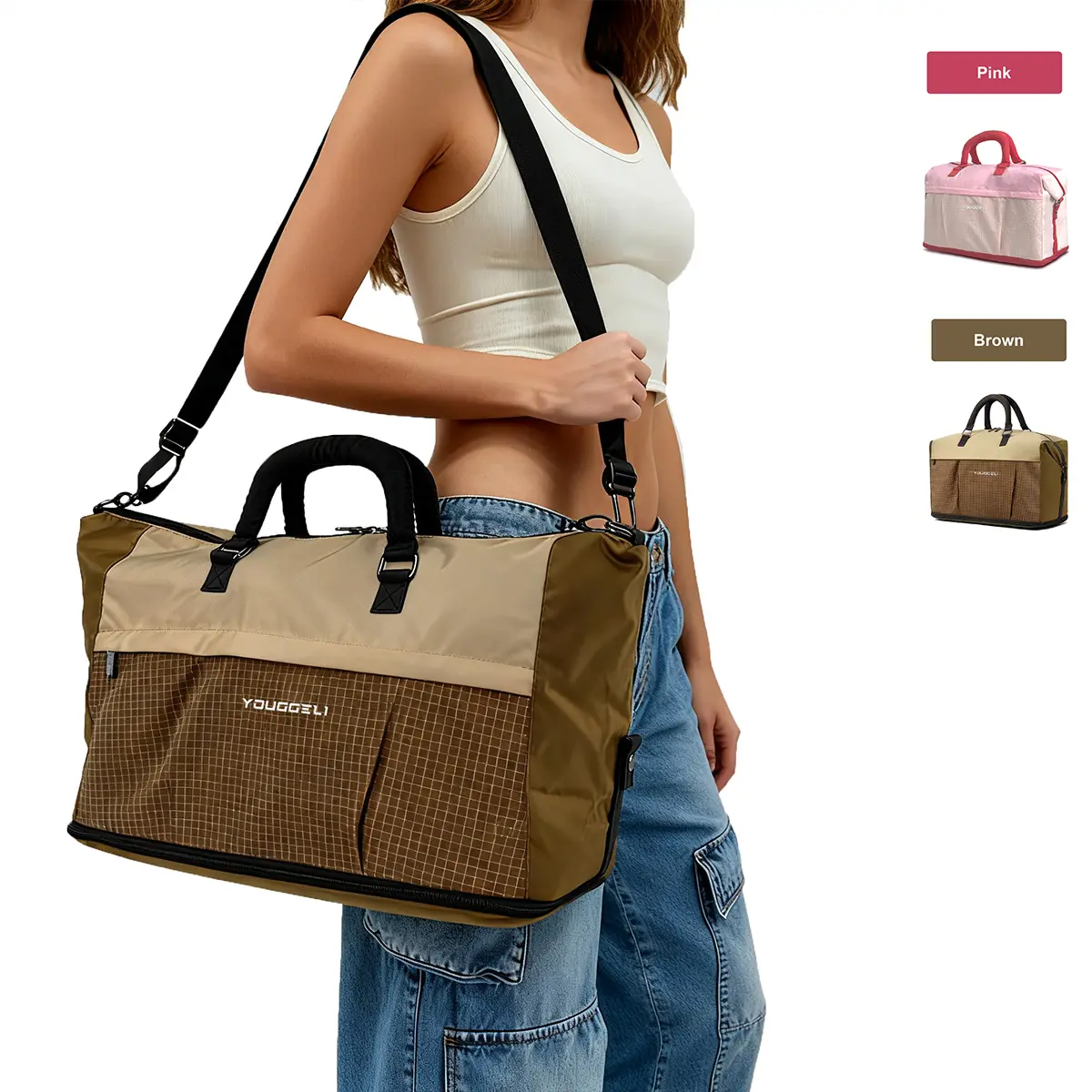 Travel Souvenir Bag Expandable 38L Large-Capacity Fashion Travel Bag – Foldable Design, Suitable for Weekend Getaways / Business Trips / Gym & Sports Bag, Carry-On Compatible; Pink & Brown Color , Equipped with Comfortable Handles for Easy Storage.