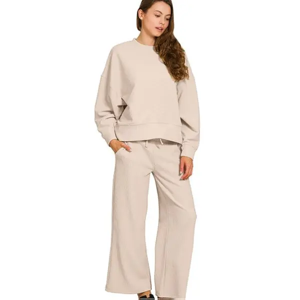 Pack Light 2pc Ribbed Dolman Sleeve Pullover And Wide Leg Pants Set - Beige