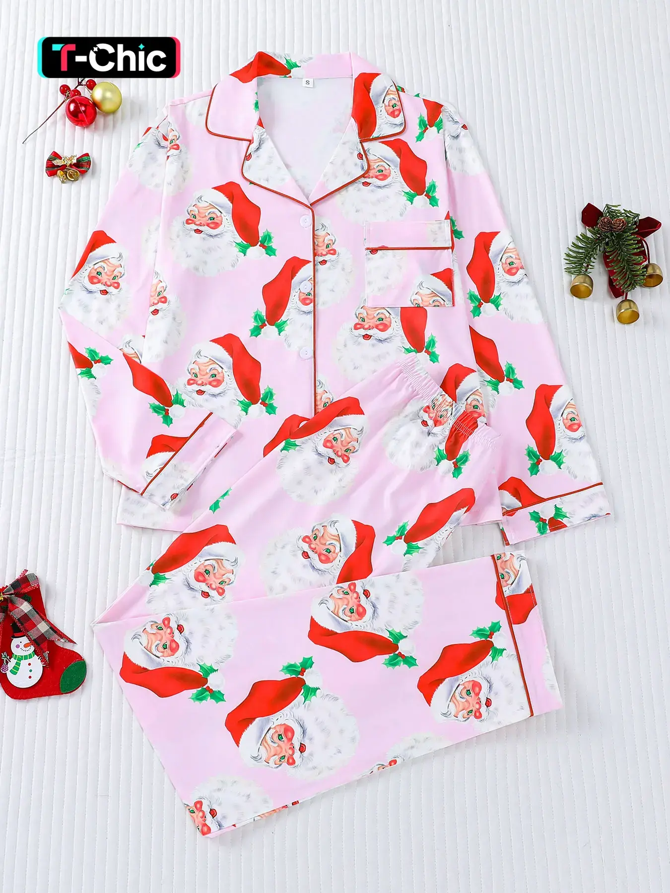 2-piece set of small grass red hat, Santa Claus Christmas Halloween Festive long sleeved pants, soft and comfortable Knitted top, small pocket button Collared top, elastic waistband suitable for all seasons home casual clothing Loungewear Pajamas