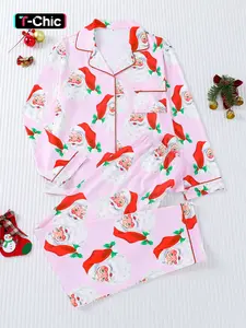 2-piece set of small grass red hat, Santa Claus Halloween Festive long sleeved pants, soft and comfortable top, small pocket button top, elastic waistband suitable for all seasons home casual clothing Pajamas