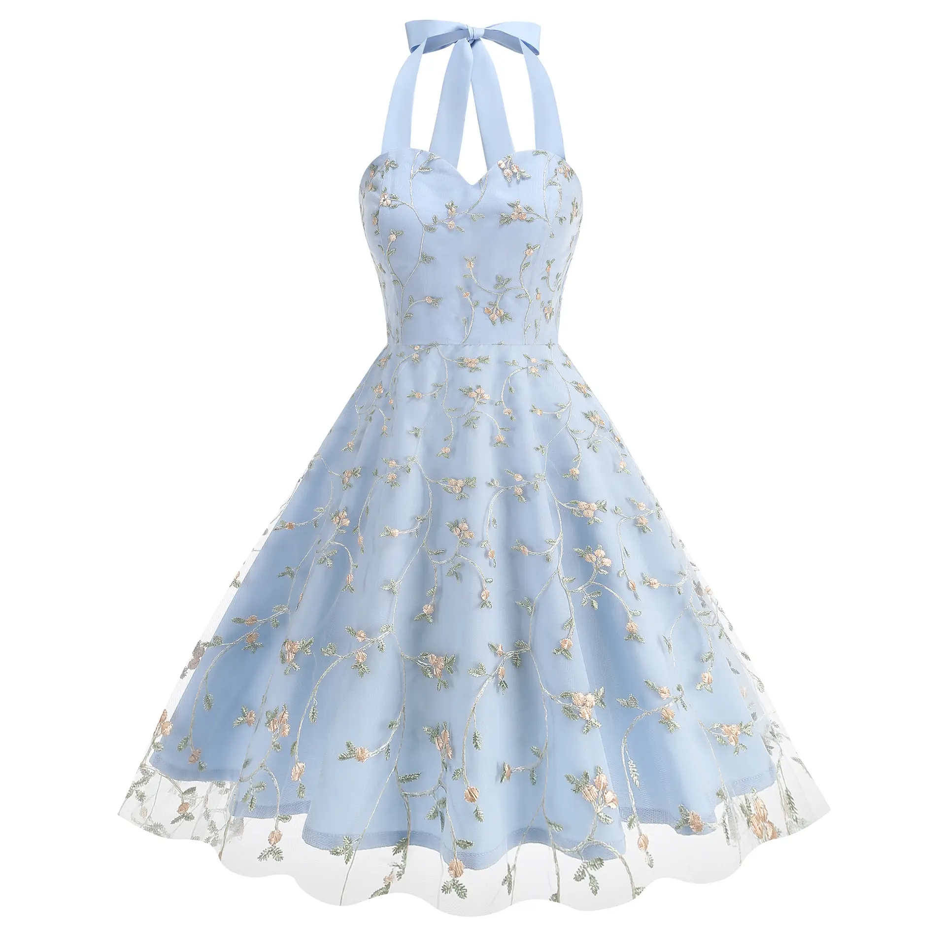 Lady's Summer Sleeveless Camisole Dress - Elegant Fairy Style with Flower Mesh Embroidery, Premium Fabric for Casual Wear, Flowers, Women