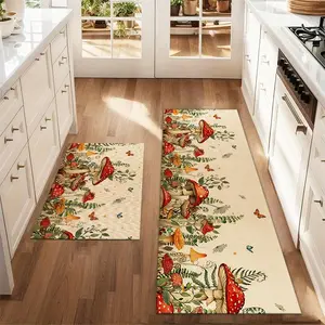 2Pcs Christmas And New Year Printed Kitchen Rug Colorful Mushroom Green Leaf Butterfly Mat Set Farmhouse Kitchen Carpet Restaurant Floor Laundry Room Decoration Decorative Rug Mat Carpet Mat