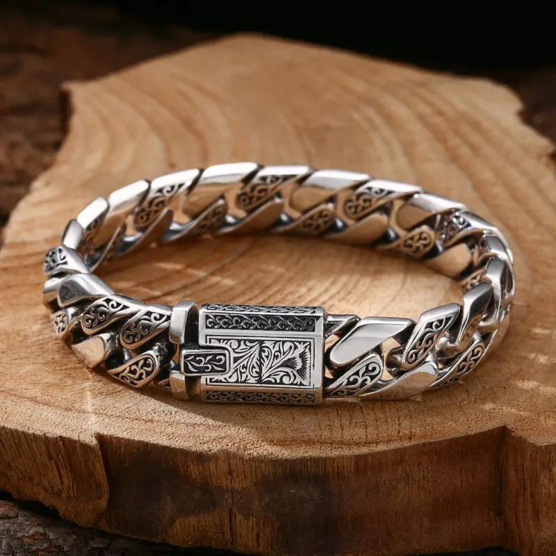 925 Sterling Silver Vintage Men's Thick Link Thai Bracelet, Tang Grass Pattern Distressed Look, 18cm Adjustable Length 925 Purity Unisex Couples Set, Boho Beach Daily Wear with Bible Verse Jade Zip Eternal Resilient Theme