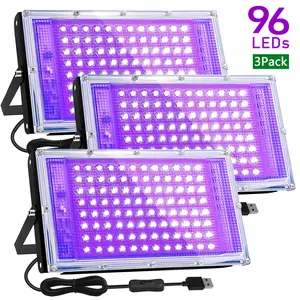 3 Pack 96 LEDs Black Light, UV Blacklight Flood Lamp with USB Plug, DC 5V, for Halloween Party Night Light, Stage Lighting, Aquarium, Body Paint, Fluorescent Posters, Neon Glow, 385-400nm Waterproof Deck Panel