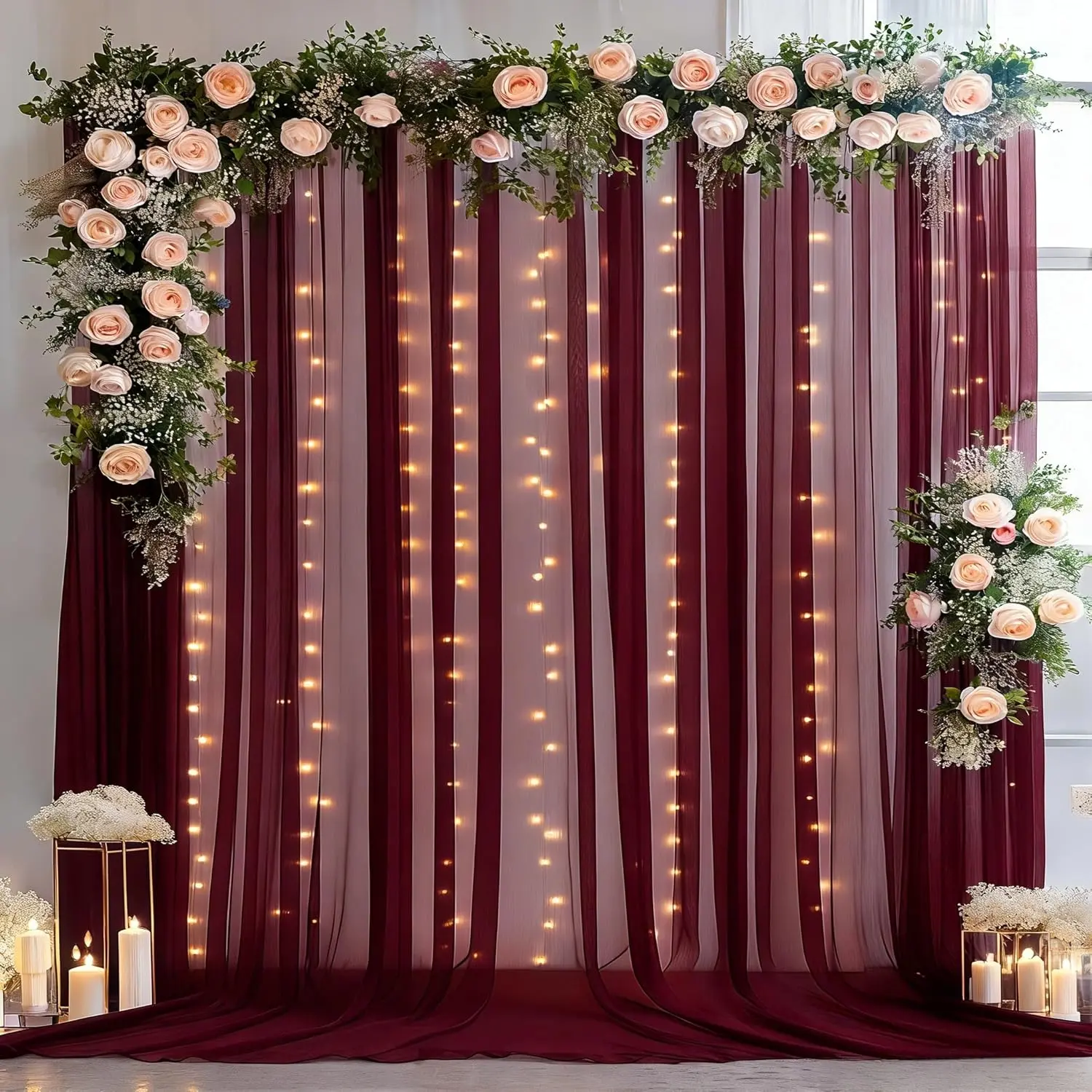 10*10ft Burgundy Tulle Backdrop with Lights String for Parties, Sheer Photo Backdrop Curtains for Wedding Photography Background