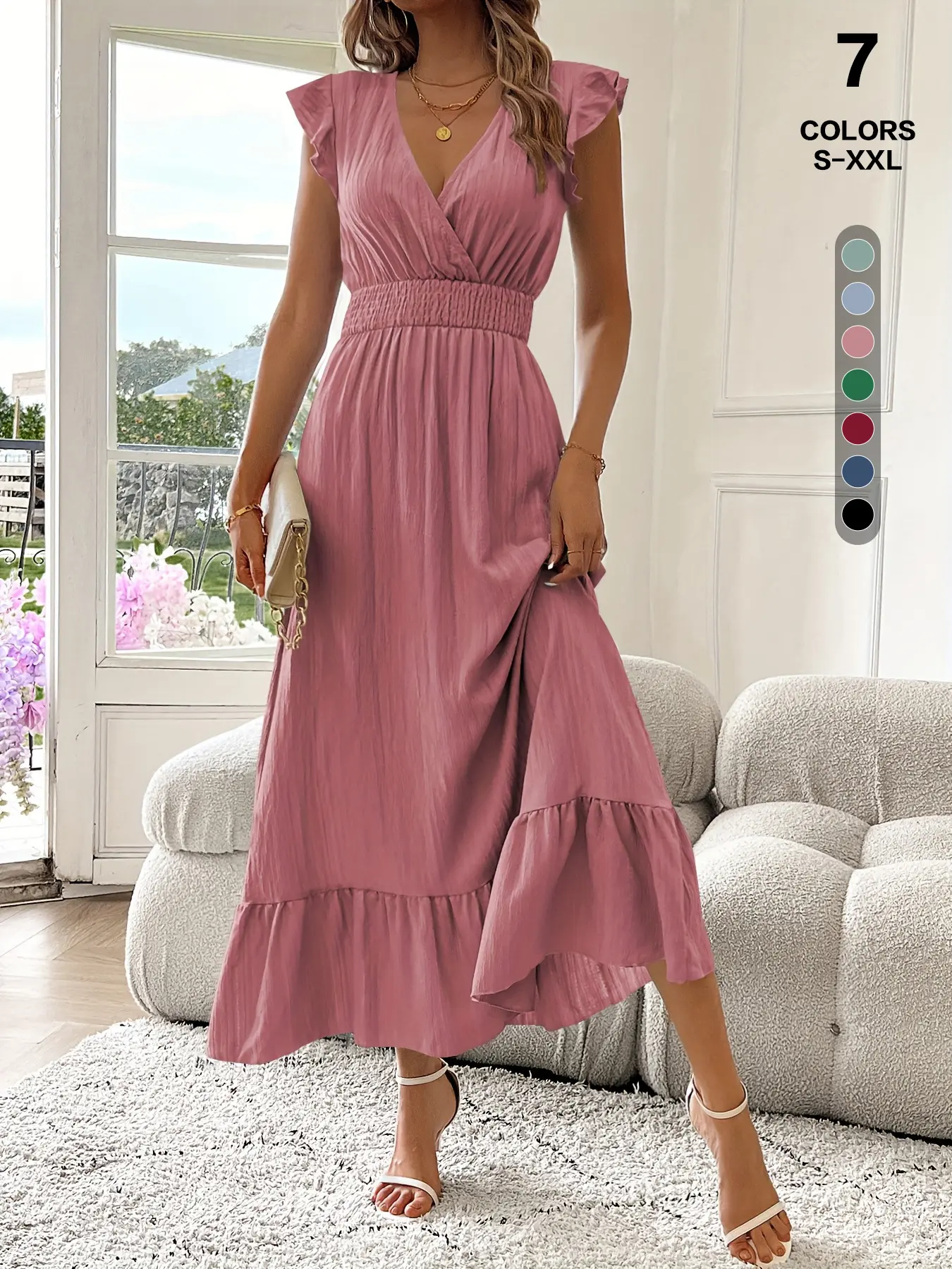 Women's Gorgeous Chic Elegant Ruffled Wrap V-Neck Flutter Sleeve A-Line Fitted Maxi Sundress - Elastane Smocked High Waist, Basic Crinkle Poly Fabric, Casual Summer Beach, Bridal Wedding Guest Wear, S-XXL Plain Solid Womenswear