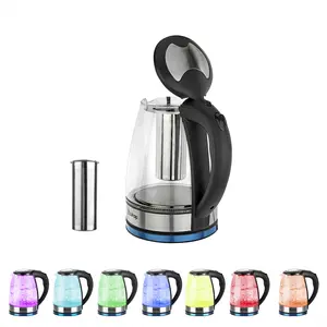 HD-1861-A Electric Glass Kettle, 110V 1200W 1.8L, 7-Color LED Lights, 360° Rotation Base, Auto Shut-off, Mesh Filter for Spill-Proof Pour, Stainless Steel Spout, Plastic Lid, Stylish Kitchen Utensil
