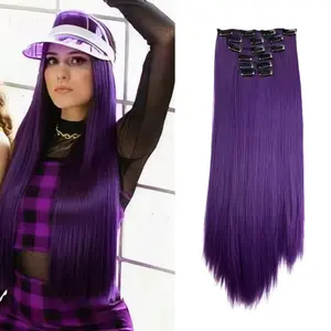 Mystique Hair 24 Inch Colorful Purple Clip in Hair Extensions, 6 PCS Long Straight Synthetic Hairpieces with Silky & Natural Finish, Adds Instant Length and Volume, Perfect for Holiday Glam, Halloween Costumes, Christmas Parties