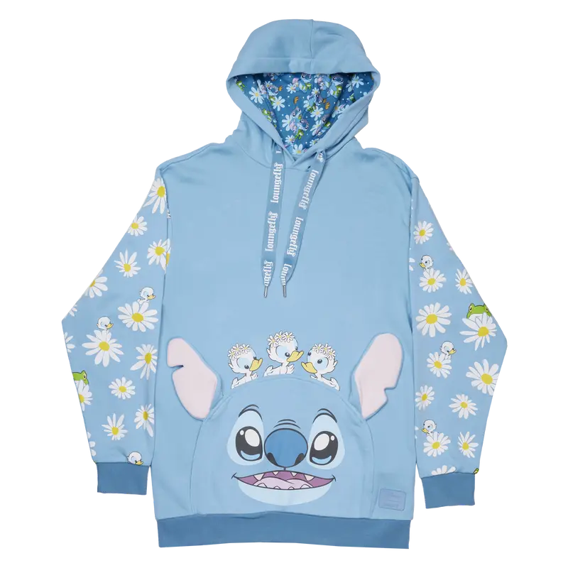 Loungefly Disney Lilo & Stitch Springtime Unisex Hoodie, Stylish Oversized French Terry Pullover with Flower, Frog Print & Stitch Applique Ears, Sweatshirts, Tops