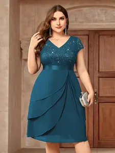 MISSMAY YP23215 Plus Sequin Lace V Neck Ruffle Trim Chiffon Hem Semi Formal Party Swing Dress