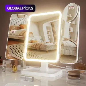 Portable LED Light Makeup Mirror, Lighted Makeup Mirror, Mirror with Lights, 3-fold Foldable Rechargeable Mirror with 2x 3x & 10x Magnification, Touch Control Mirror for Travel & Bedroom Use, Rechargeable Trifold Mirror