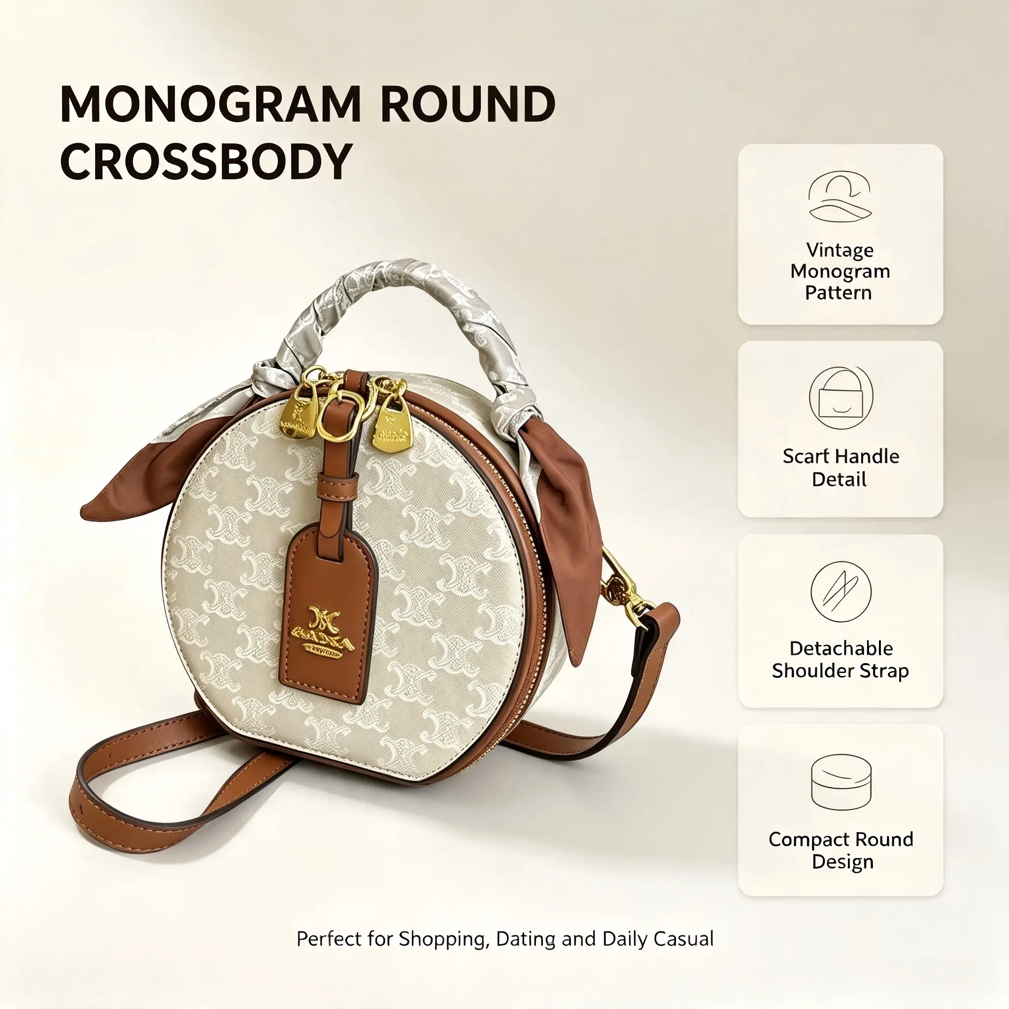 Women's Vintage Compact Round Crossbody Bag - Mixed Materials Handbag with Scarf Decor Handle, Gold Hardware Tag, Detachable Shoulder Strap, Secure Zipped Top Closure, Elegant Mini Purse for Daily Outing, Dating (multiple uses core features)