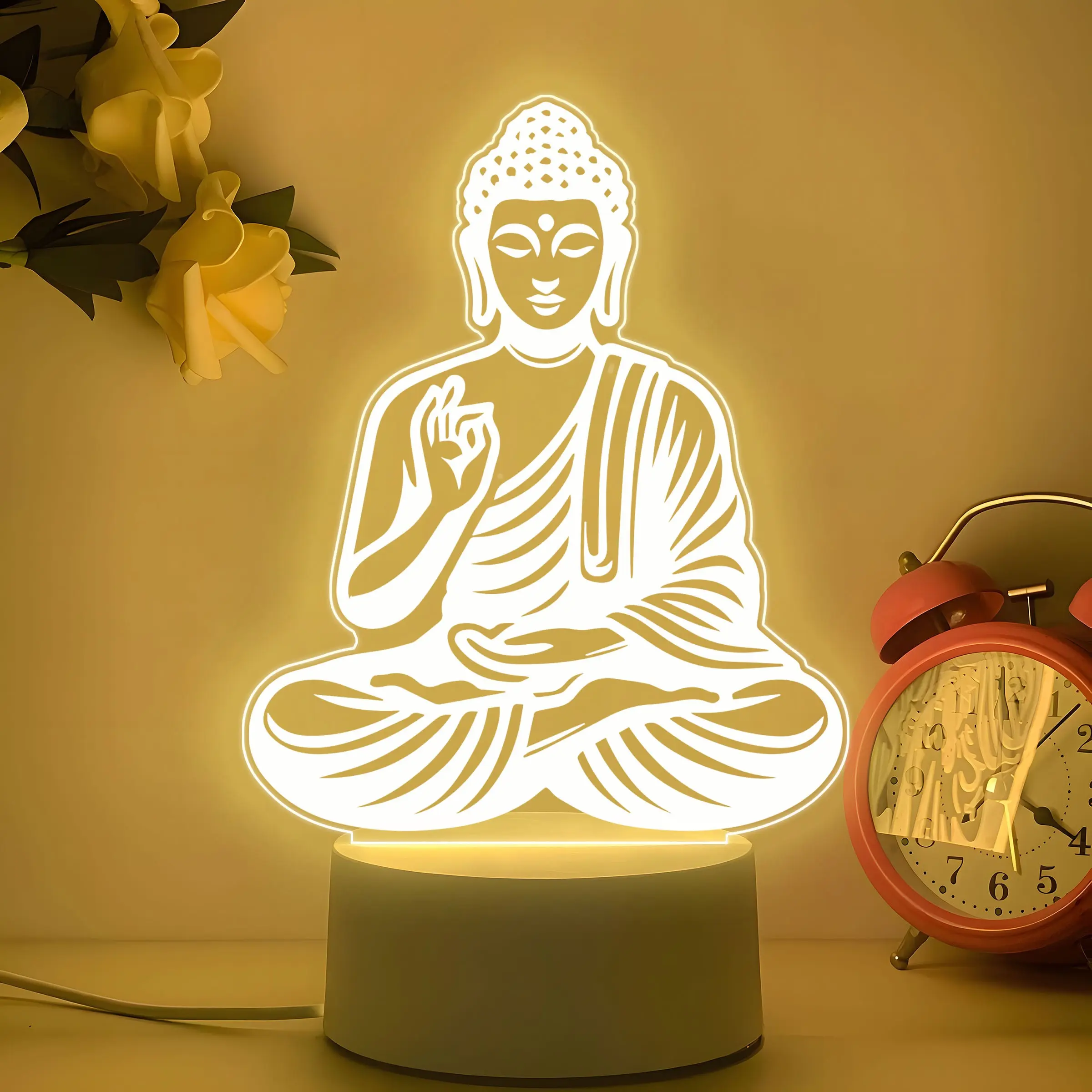 Acrylic Buddha Night Light Decorative Figurine, Soft Glowing Lines, Zen Style, Desktop Atmosphere Enhancer, Perfect Gift