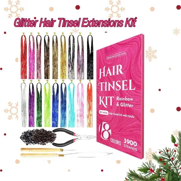 Glitter Hair Tinsel Extensions Kit – 48-Inch Sparkly Strands with Tools & Beads | Shiny Fairy Hair Accessories for Women, Girls & Kids, Perfect Christmas Gift