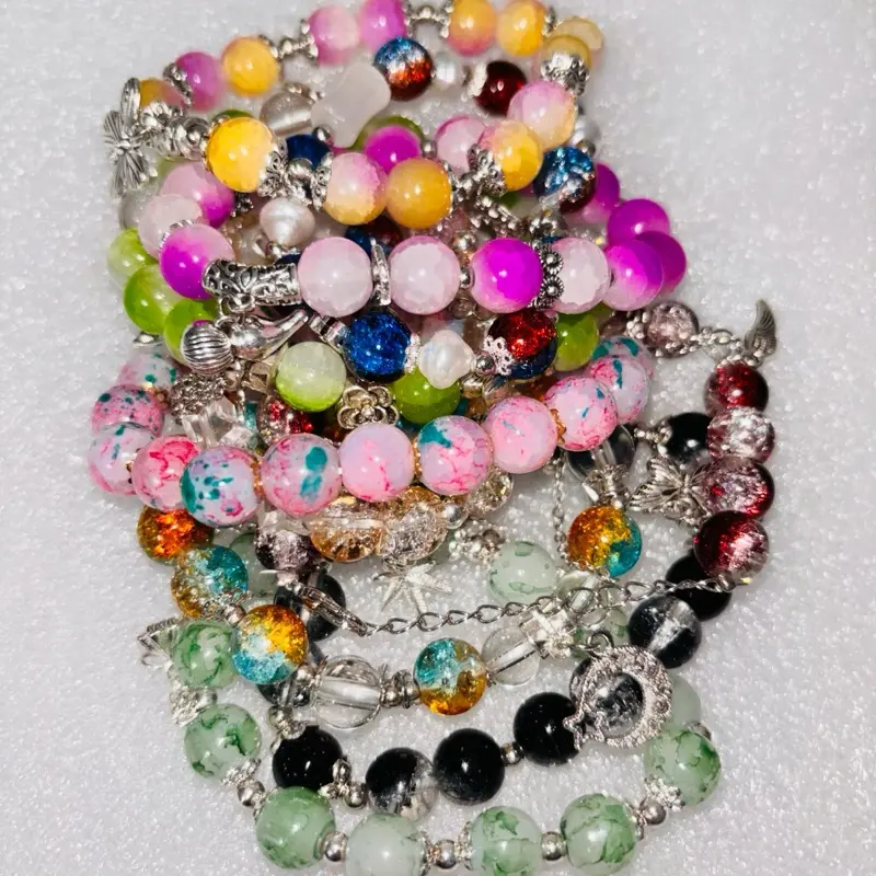 10 Bracelet Bundle Sparkly Crystal Bead Charm Stackable Fashion Jewelry Set with Shimmering Beads & Colorful Glass Beads Mystery Bracelets