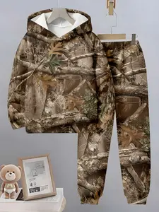 Boys Fashion Forest Camo Hooded Sweatshirt Set, Casual Sports Two-Piece, Spring Fall Winter Trendy Loose Pullover, Fitted Long Pants