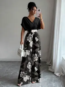 Women's Deep V Neck Waist Cinching Slimming Floral Jumpsuit, Elegant Stylish and Comfortable One-Piece for Everyday Wear