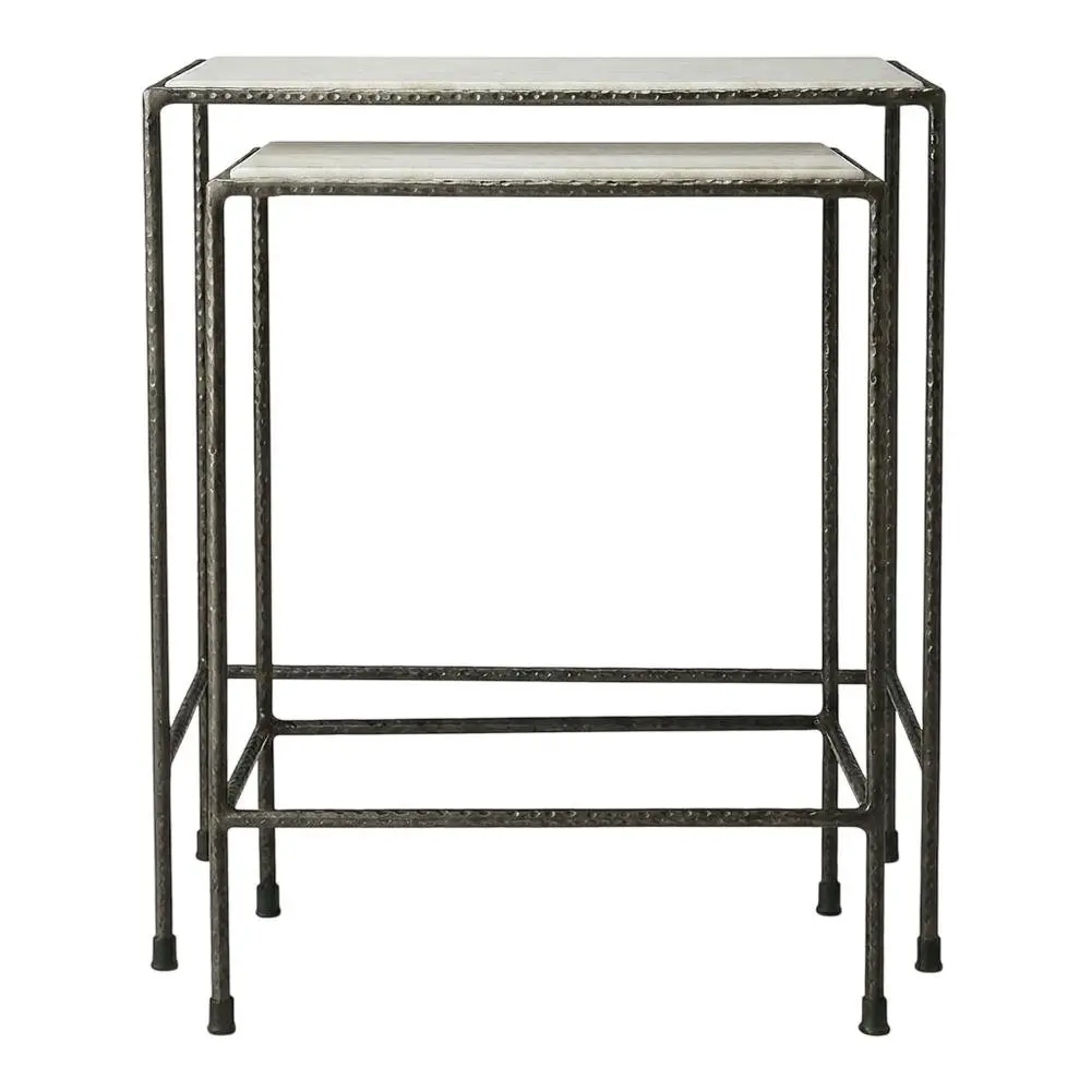 Distressed Finish Marble Top Rectangular Nesting Tables (Set of 2) - Black 4-Leg Base Transitional Interior Design Indoor Side Tables for Family Room with Floor Protection, Gentle Dry Compatibility
