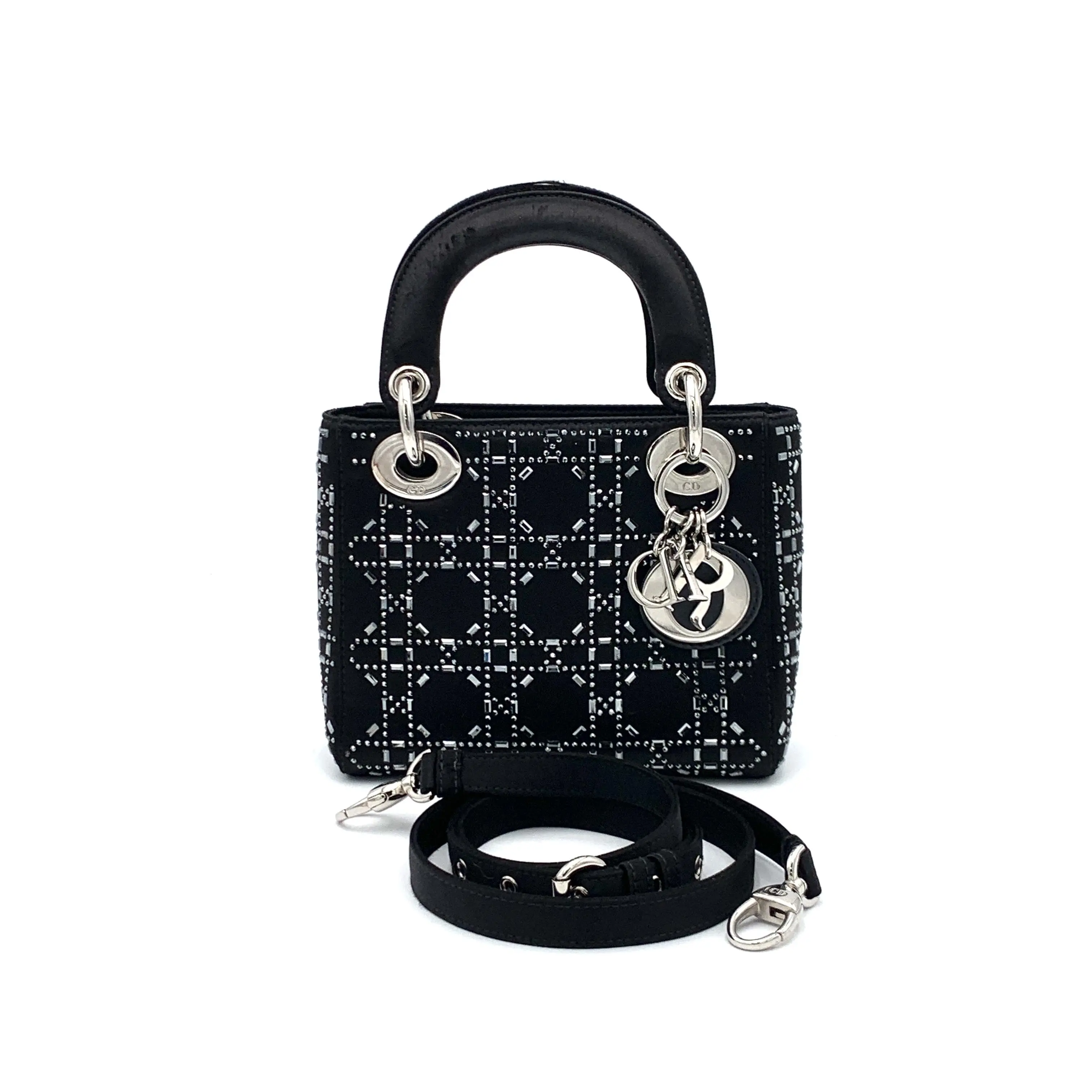 Pre-owned Dior Satin Handbag Lady Bag Crystal Embellished Cannage Quilt Mini Black #1954