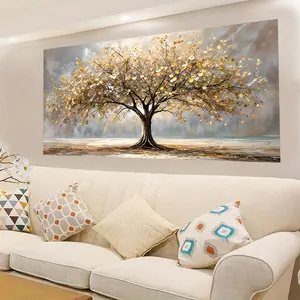 1 Elegant Tree of Life Golden Leaf Canvas Wall Art - 23.6x47.2 Inch Frameless Autumn Landscape Print, Golden and Beige, Modern Living Room Home Decor, Serenity Wall Art | Elegant Wall Decor | Decorative Painting, Wall Decor