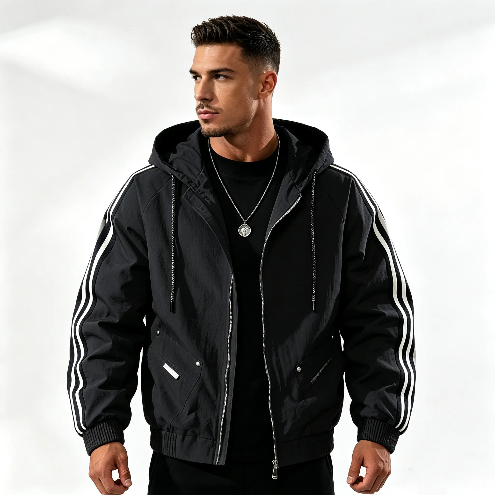 Men’s hooded jacket for spring/autumn with three stripes, loose casual sporty fit, trendy raglan sleeves, windproof, versatile, youthful retro style, color-block woven panels, lightweight workwear top