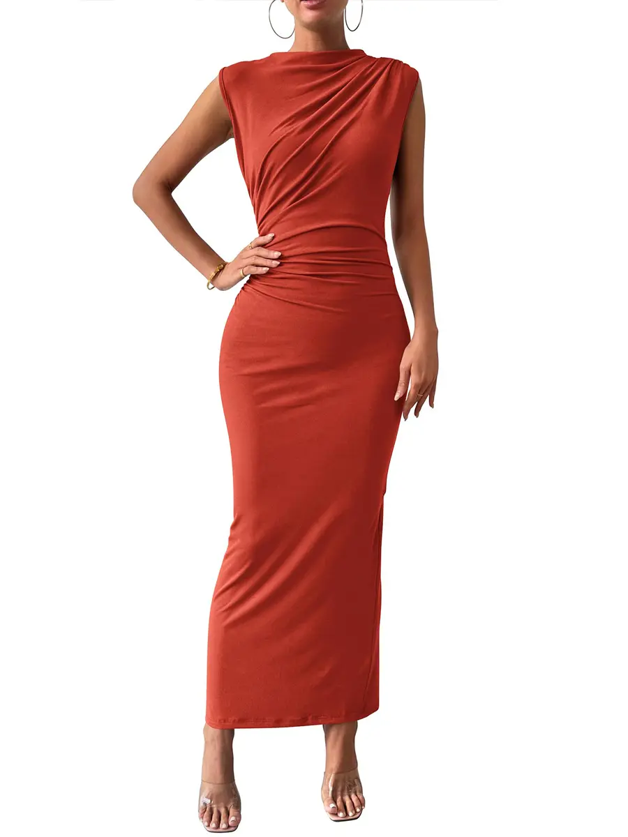BTFBM Women's Ruched Bodycon Dress Summer Casual Sleeveless Back Slit  Elegant Club Evening Party Cocktail Maxi Dresses - TikTok Shop