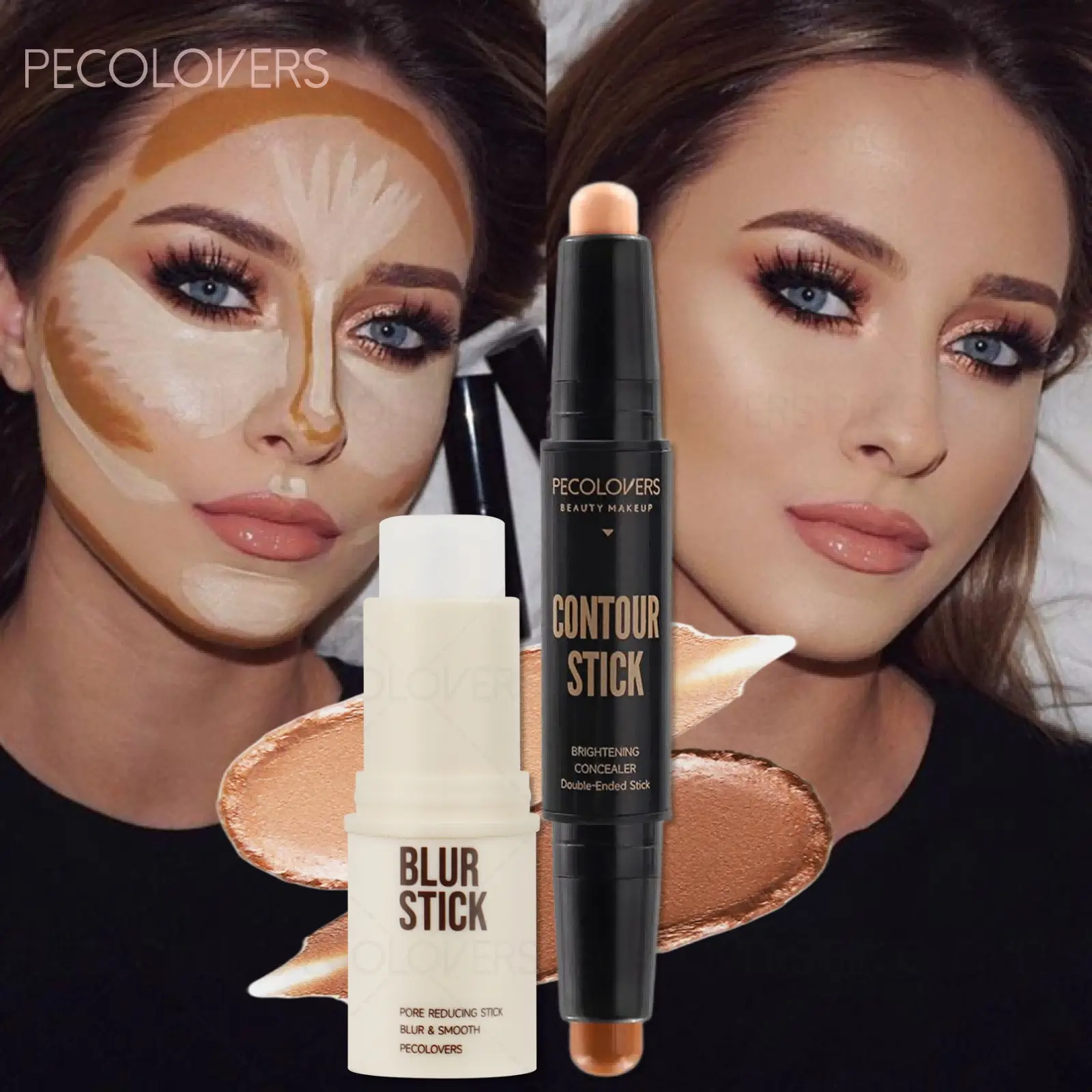 2pcs/set Double-Headed Contouring Stick, Invisible Pore Base, Dual Ended Concealer, Dual Sided Concealer, Easy to Use, Delicate Texture, Fits Skin, Modify Face Shape, Cover Blemishes, Oil Control, Long-Lasting Highlight for Flawless Makeup