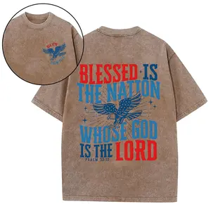 Vintage Washed "USA 1776 Eagle Psalm 33:12" Graphic Tee - Faith-Based American Streetwear"Blessed Is The Nation Whose God Is The Lord Psalm 33:12" Washed Brown Oversized T-Shirt - Patriotic Christian Tee