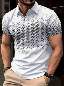 Men's Regular Fit Checkered Print Textured Polo Shirt, Casual Short Sleeve Half Zip Up Collared Top for Summer, Fashion Men's Clothes for Daily Wear, Tropical