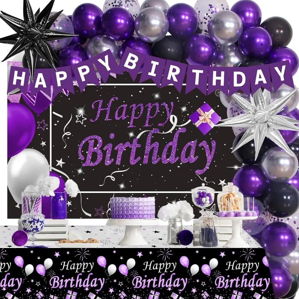 Women's Purple-Silver-Black Shiny Waterproof Birthday Party Decorations & Gifts Kit - Non-Toxic Festive Supplies with Backdrop Banner, Confetti, Star Balloons, Garland, Tablecloth, Tie-with-Ribbon Photo Birthday Elements Party Gifts