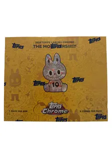 Topps Labubu Chrome 10th Anniversary -Each pack contains 5 Chrome Cards. Includes 1 Chrome Parallel, 4 Chrome Base Cards, and a Topps X Labubu Keychain & Magnetic Case Holder. Look for Artist Autographs!
