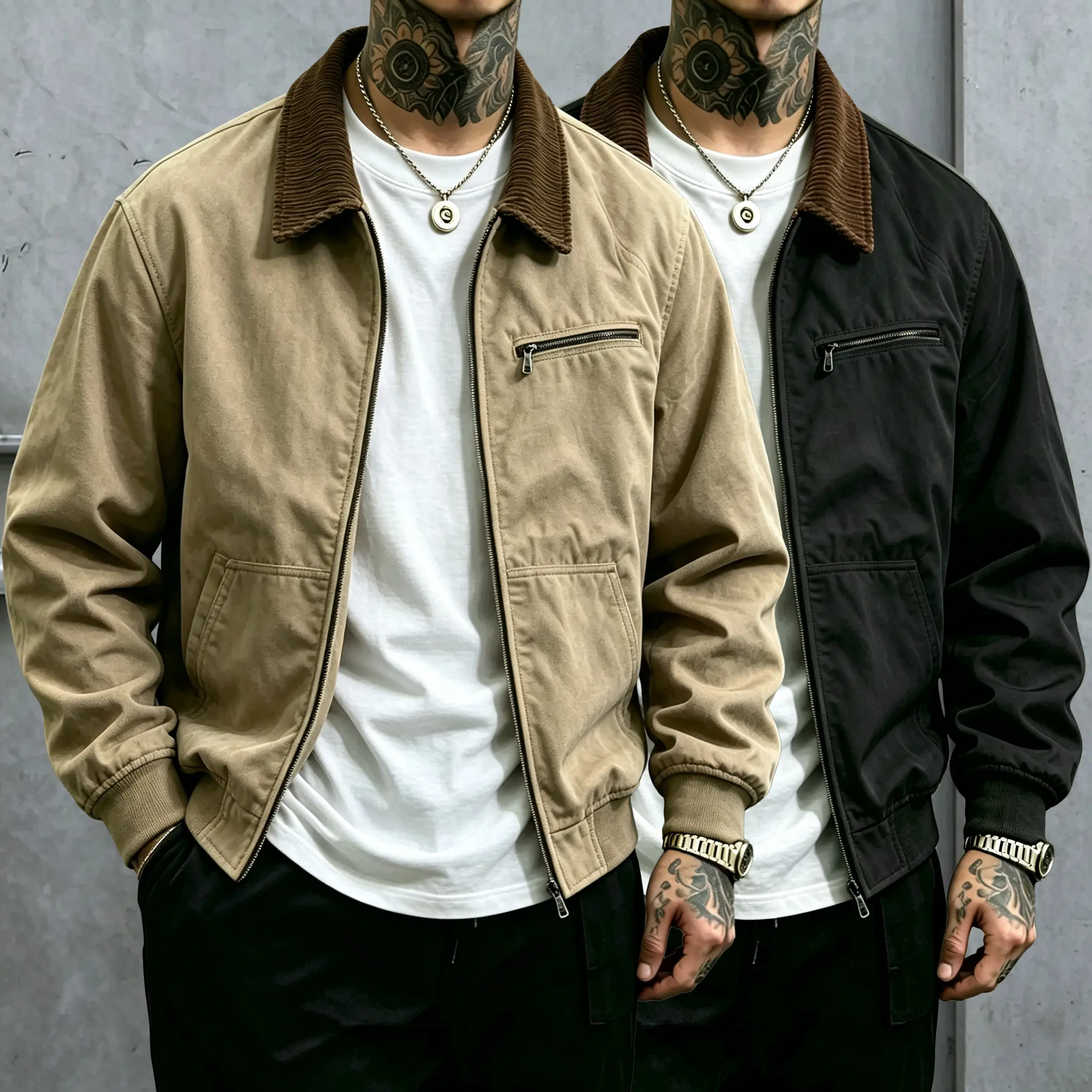 Men's Vintage Harrington Coat - Textured Canvas Menswear, Contrast Corduroy Collar, Full Zip, Ribbed Cuff, Elastic Details, Casual Street Workwear Outerwear (1-2 Pieces per Pack)