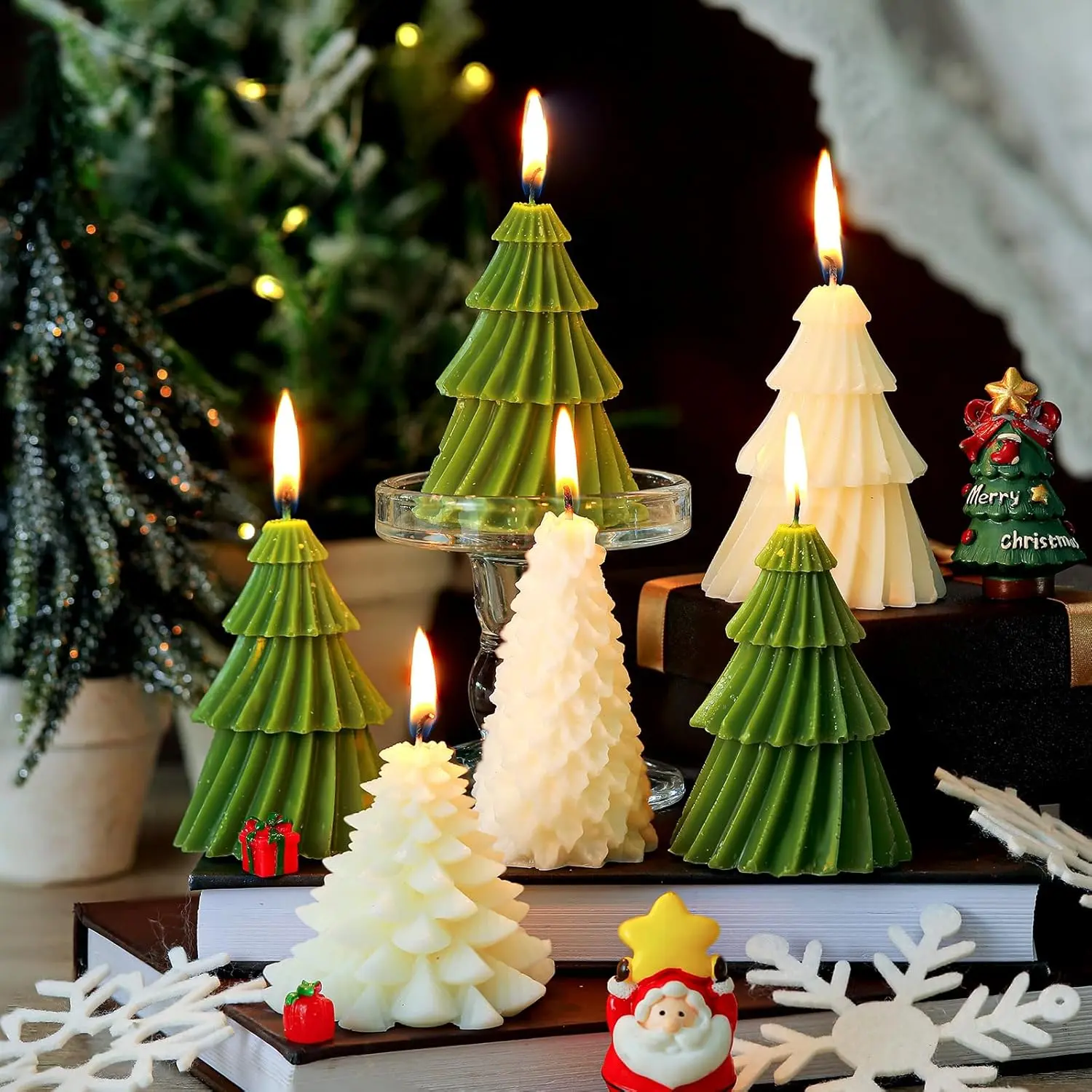 6-Pcs Classic Style Wax Christmas Tree-Shaped Taper Scented Aroma Candles, Festive Winter Holiday House Decoration & Xmas Eve Gift (Home & Festive Party Supplies)