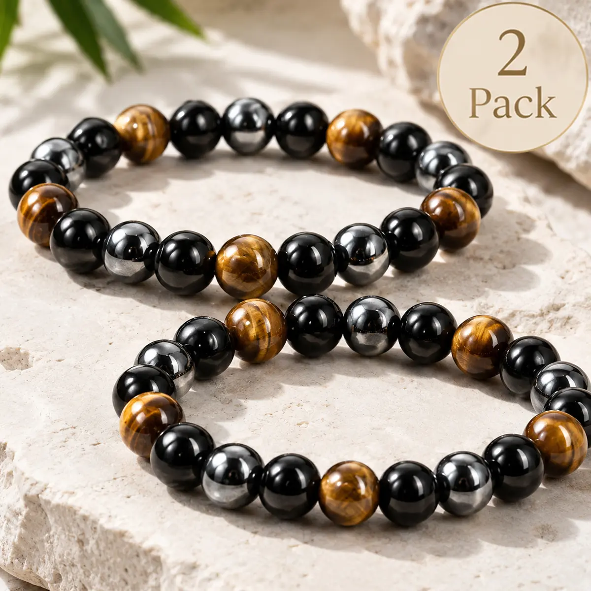 2 Pack Tiger Eye Natural Stone Bead Bracelets for Men Women, 8mm Black Obsidian Hematite Beaded Stretch Bracelet Set, Unisex Couple Friendship Gift Jewelry for Everyday Wear