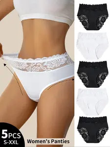 Women's Black and White Floral Lace Briefs Panties Set, Sophisticated Romantic Design, Breathable Quick-Drying High-Elasticity Fabric for a Snug but Not Tight Fit, Suitable for Daily Home Wear and Outdoor Occasions