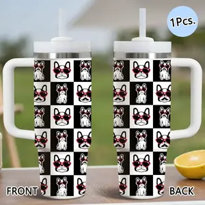 PIKPAKA Black French Bulldog Pattern Vacuum Flasks 40oz Stainless Steel Tumbler with Handle & Straw, Vacuum Insulated Travel Mug Keeps Drinks Cold Up to 12 Hours, Leak-Resistant Cup for Iced Coffee, Water, Office, Gym or Travel