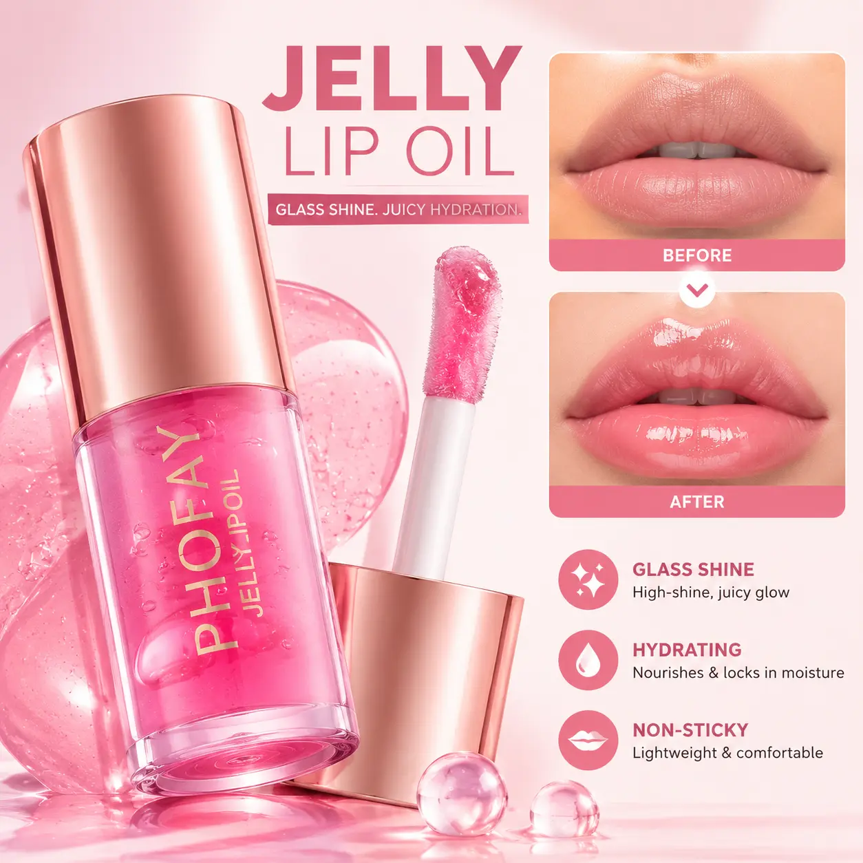 PHOFAY Hydrating Lip Oil, Moisturizing Fruit Flavored Lip Gloss, High Shine Non Sticky Lip Care for Daily Makeup