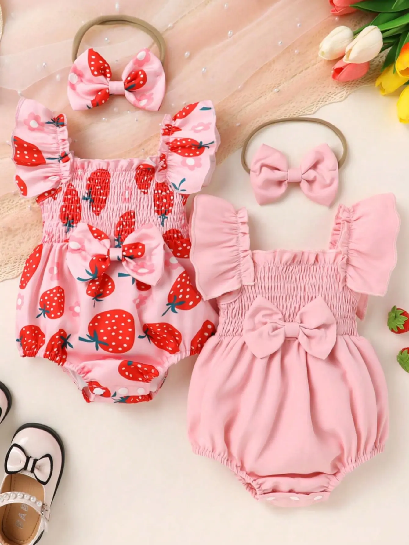 4pcs, Cute Baby Girls Clothes, Casual, Stylish, Soft, Bow Decoration Strawberry Pattern Square Neck Ruffled Suspender Bodysuit And Headband, Newborn Baby Girl Clothes, Baby Stuff, Summer For Everyday Wear, Parties, Photo Shoots, Outdoor Activities summerw