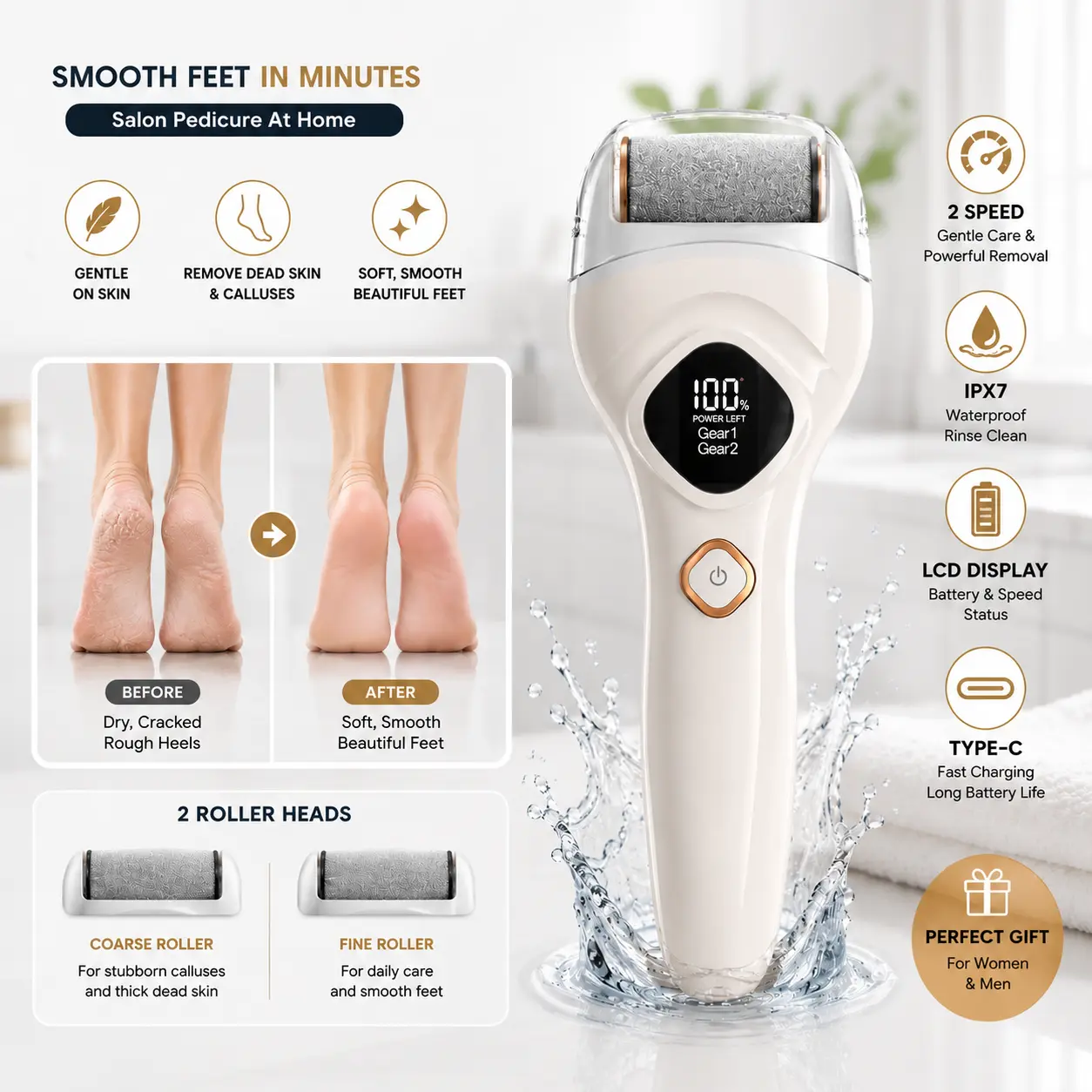 Rechargeable Lithium Ion Electric Callus Remover for Adults, Rechargeable Pedicure Tool for Dry Cracked Heels, 2 Roller Heads, LCD Display, IPX7 Waterproof, Type-C Charging, Batteries, 1 PVC USB Charging Cable
