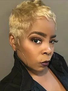 27/30 Color Pixie Cut Wig for Women Curly Wave Wig Human Hair Wig Full Machine Made Wig 150% Density 6 Inch