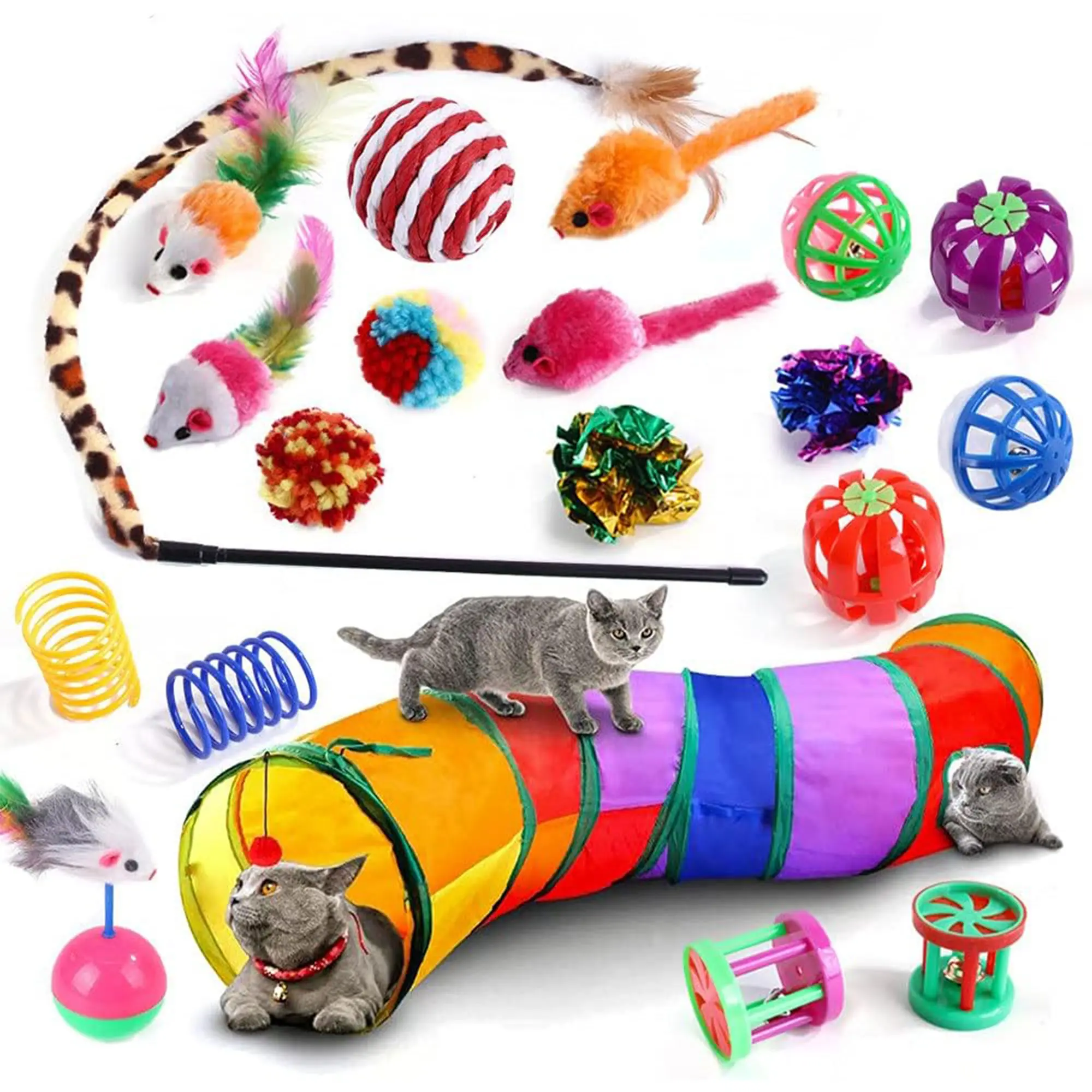 Cartoon Pattern Plastic Cat Toy Set - Kitty Play Tunnels, Bouncy Balls, Interactive Kitten Wand, Stimulates Mind, Promotes Bonding, Entertains and Engages, Ideal Mother's Day Gift for Cat Owners, Universal Fit