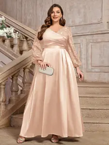 MISSMAY P24360A Plus Elegant V-Neck Lantern Sleeve Floral Sequin Lace Contrast Satin Prom Evening Party Formal Dress, Winter Dress, New Year Dress, Wedding Guest Gown, For Festival, Graduation, Dinner, Homecoming