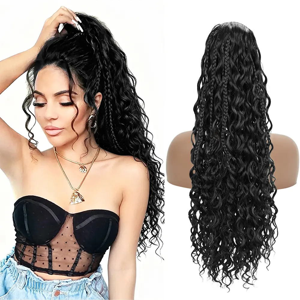 YEAME Drawstring Ponytail Hair Extension, 22 Inch Bohemian Curls with Wavy Braids, Synthetic Hairpiece for Black Women, Braided Wave Synthetic Extensions & Pieces, Synthetic Hair Extensions, Wavy Curly Ponytails
