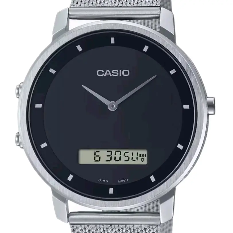 brand new Casio silver mesh braceletblack dial dual time men's s Classic watch MTP-B200M-1E