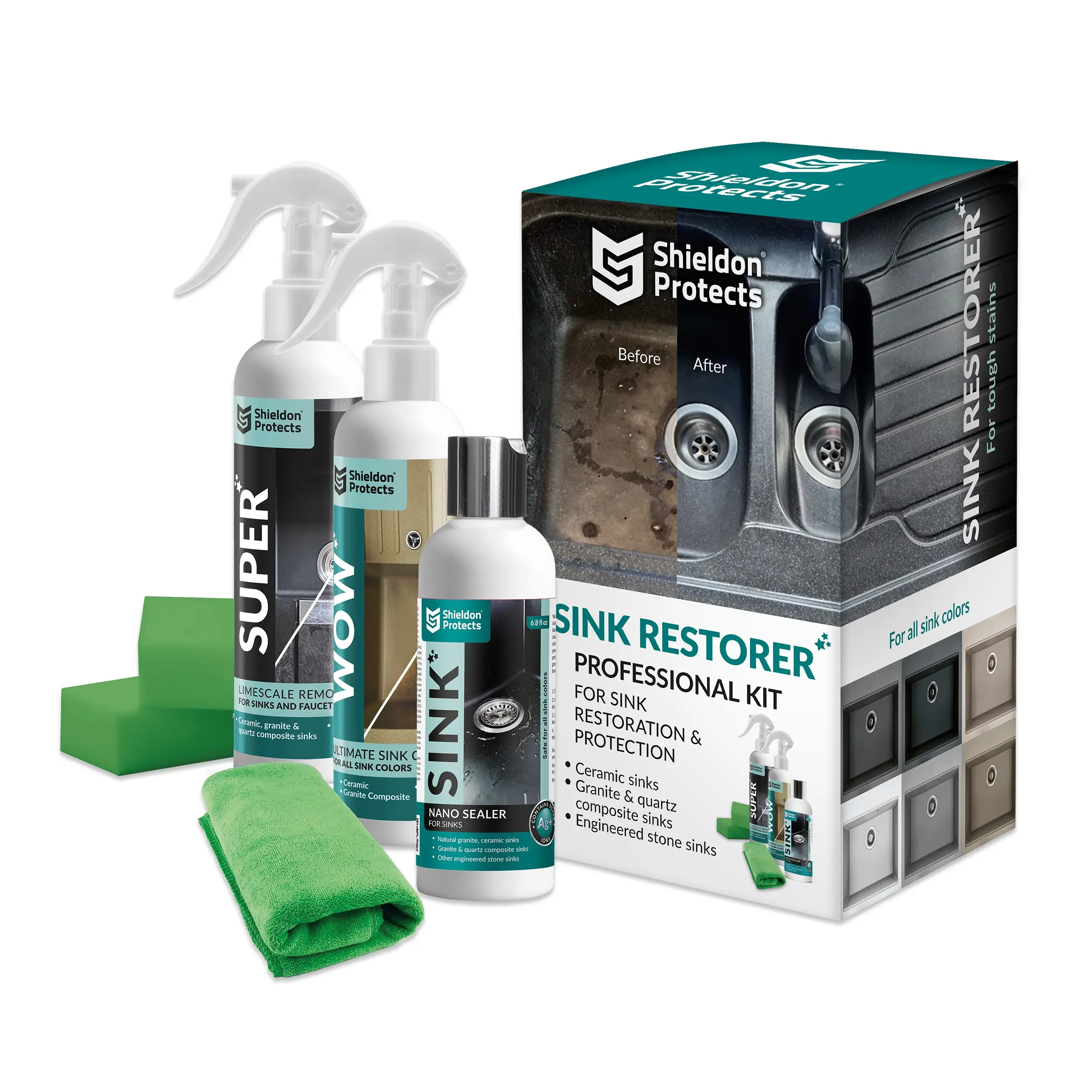 Shieldon Protects Sink Restorer Kit – 3-Step Heavy Duty Cleaner, Hard Water Stain Remover & Nano Sealer for Granite Composite, Quartz, Ceramic & Porcelain Sinks – Cruelty Free