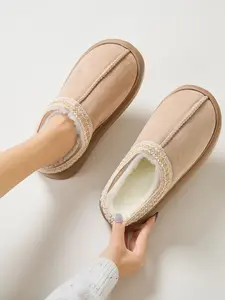 Women's Warm Home Slippers, Plush Open-Toe Shoes, Fall Winter Ethnic Style, Thick Sole Indoor Outdoor Wear, Casual Slip on Clog Textile Eva